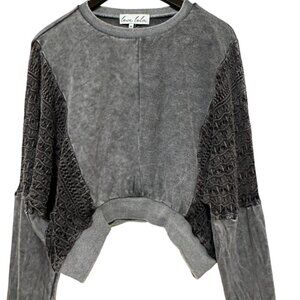 NWT Love Lola Boho Mixed Media Crochet Stonewash Crop Crewneck - Size Medium